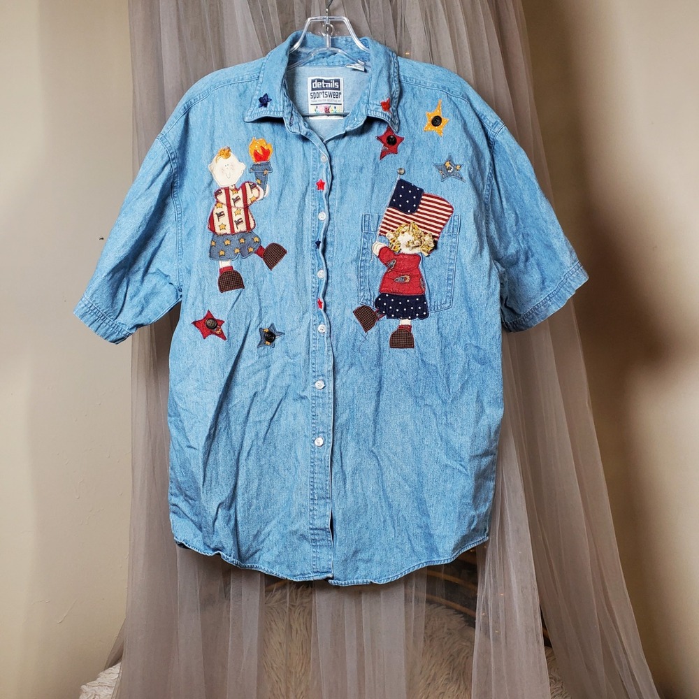 Vintage‎ Grandmacore Barn Patched Demin Shirt Western Cotton Size L Cowgirl USA